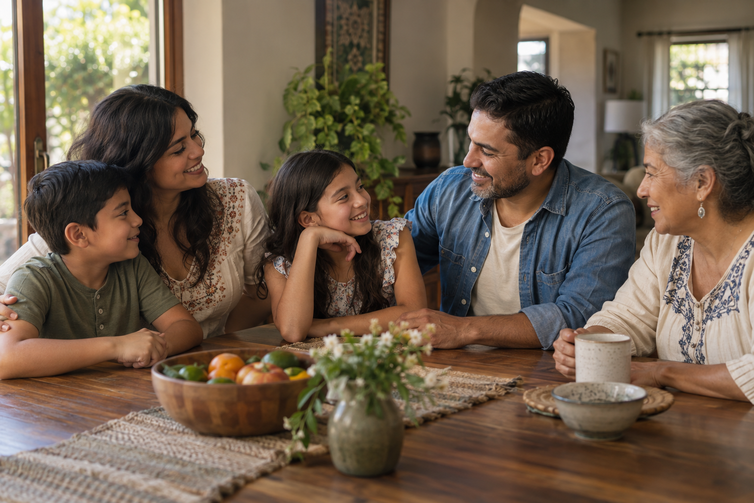 Escena ilustrativa de una familia compartiendo una conversación en casa